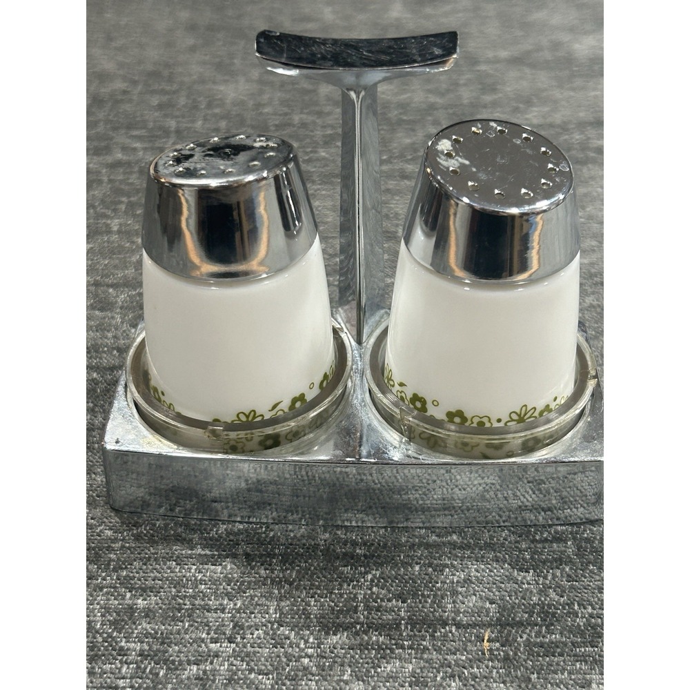 Vintage Dripcut Starline Milk Glass Salt Pepper Shakers Green Daisy MCM Caddy
